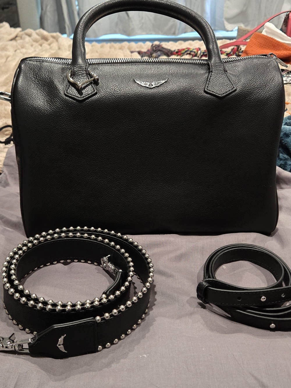 Zadig & Voltaire Black Leather Top-Handle Satchel with Studded Strap